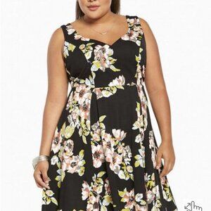 Torrid Floral Knee Length Skater Dress Soft Stretchy Black - Size 24
